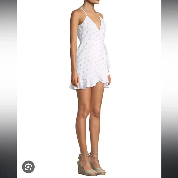 LOVERS + FRIENDS Gigi Polka Dot Print Flounce Wrap Dress in White and Pink - Picture 9 of 13